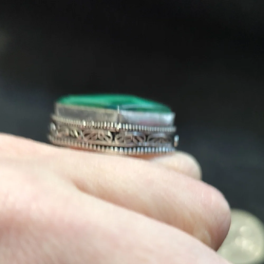 Silver Plated Green Malachite Gemstone Chunky Statement Ring - Size 7-8